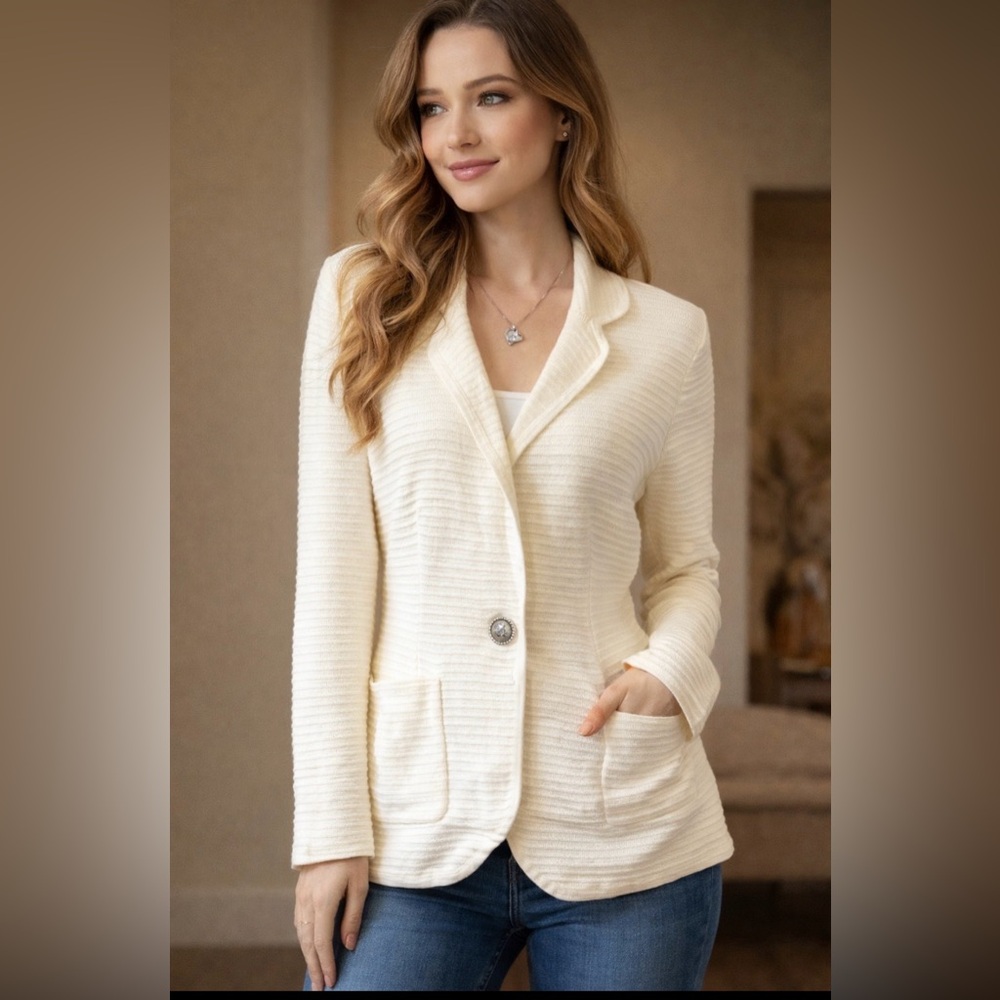 BD.NY “Elegant Cream Ribbed Knit Blazer Sweater – Chic Women’s Cardigan Jacket”